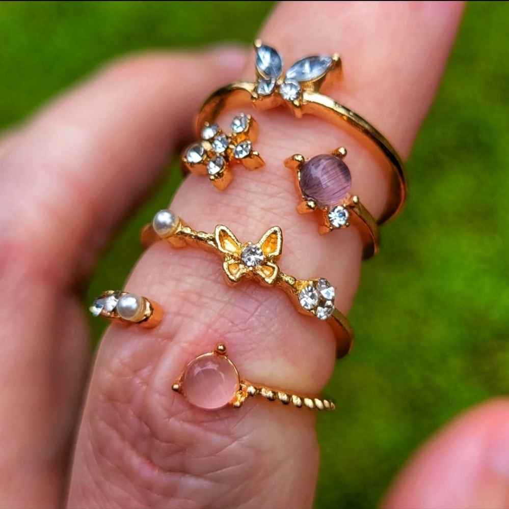Summer Garden Butterfly Flower Golden 4 Ring Set Size 5 - 6